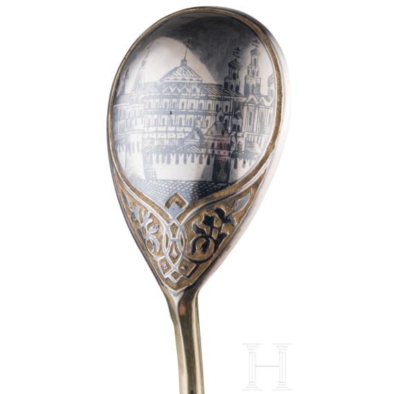 Niello-Sahnegie&szlig;er, Zuckerdose und L&ouml;ffel, Russland, Moskau, 1884- 1893