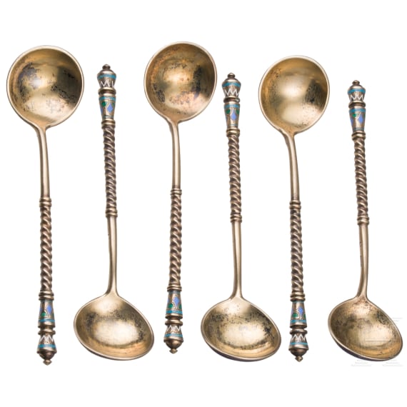 Sechs Champleve-Email-Teel&ouml;ffel, Russland, Moskau, Antip Kuzmischew, 1891-1896