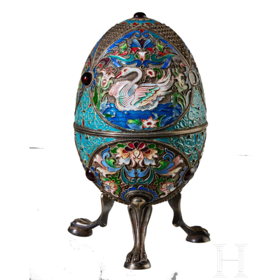 Gro&szlig;es Cloisonn&eacute;-Email-Ei mit Schw&auml;nen, 2. H&auml;lfte des 20. Jhdts.