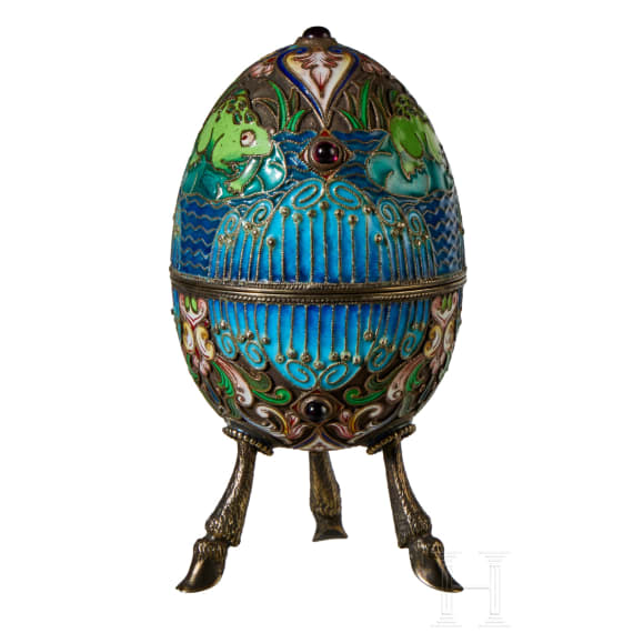Cloisonn&eacute;-Email-Ei mit Frosch, 2. H&auml;lfte des 20. Jhdts.