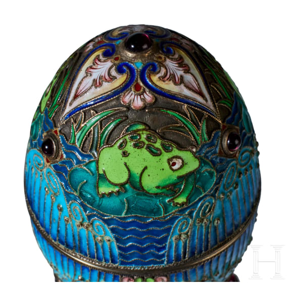 Cloisonn&eacute;-Email-Ei mit Frosch, 2. H&auml;lfte des 20. Jhdts.