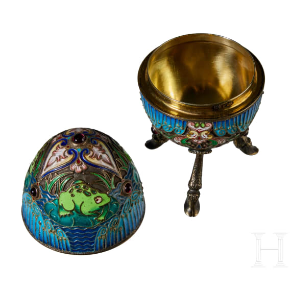 Cloisonn&eacute;-Email-Ei mit Frosch, 2. H&auml;lfte des 20. Jhdts.