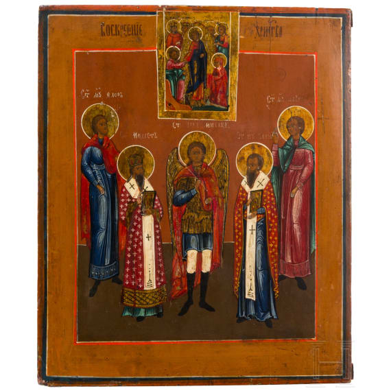 An icon showing Archangel Michael with Saints Florus, Laurus, Modestus and Blaise, Russia, 19th century