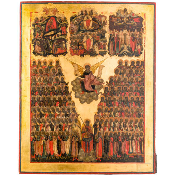 A large, rare Russian icon showing Archangel Michael surrounded by all saints with the Nativity, the Resurrection and the Crucifixion, 19th century