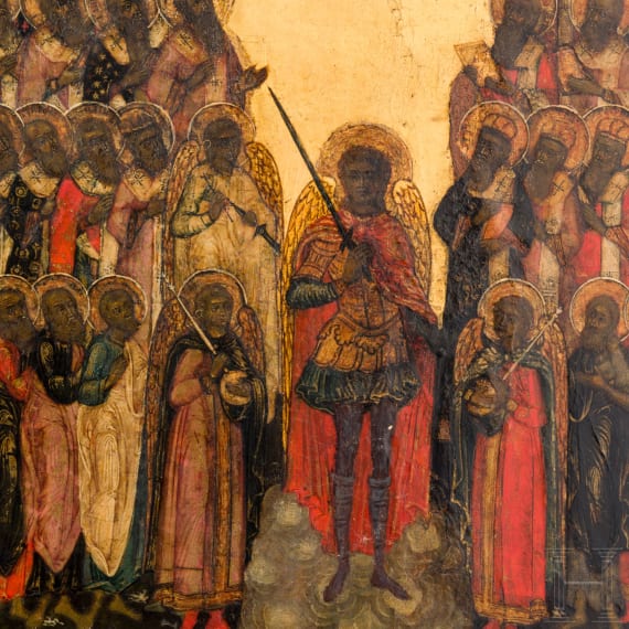 A large, rare Russian icon showing Archangel Michael surrounded by all saints with the Nativity, the Resurrection and the Crucifixion, 19th century