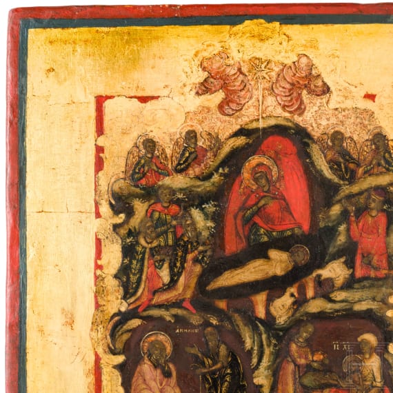 A large, rare Russian icon showing Archangel Michael surrounded by all saints with the Nativity, the Resurrection and the Crucifixion, 19th century