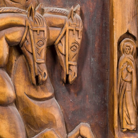 A large Russian carved icon showing Saints Boris and Gleb, late 19th century