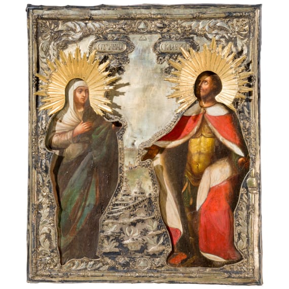 An icon showing Saint Anna and Alexander Nevsky with silver basma, Russia, mid 19th century (icon and basma)