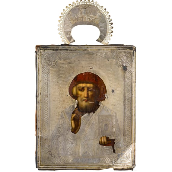 An icon showing Saint Nicholas of Myra with silverokald, Russia, Moscow, A. E. Kuznetsov, 1891.