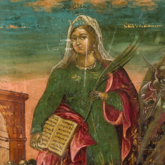A large icon showing Saint Catherine and scenes of her life, Russia, 19th century