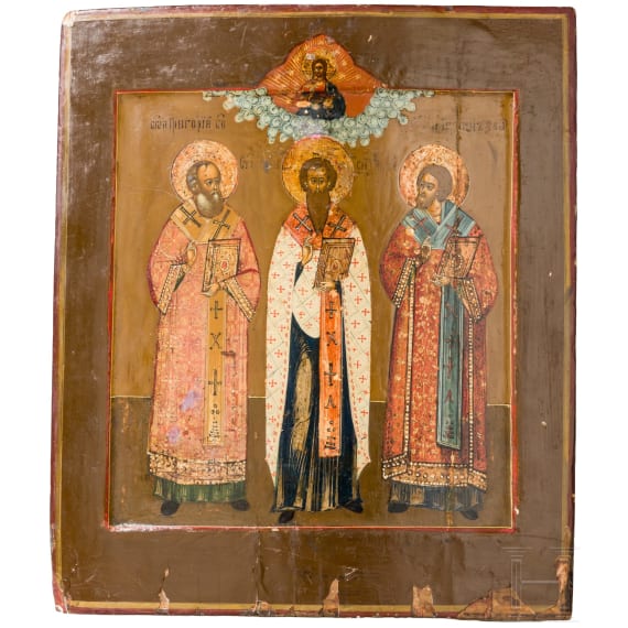 A Russian icon showing the three Hierarchs of Orthodoxy Sts. Basil the Great, Gregory the Theologian and John Chrysostom, 19th century