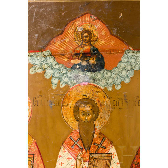 A Russian icon showing the three Hierarchs of Orthodoxy Sts. Basil the Great, Gregory the Theologian and John Chrysostom, 19th century