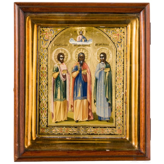 A small icon showing Saints Samon, Guri and Aviv with kiot, Russia, circa 1900