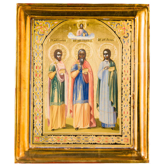 A small icon showing Saints Samon, Guri and Aviv with kiot, Russia, circa 1900