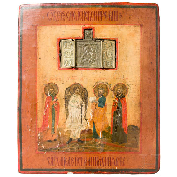 A Russian icon showing four Saints and a bronze triptych, 19th century