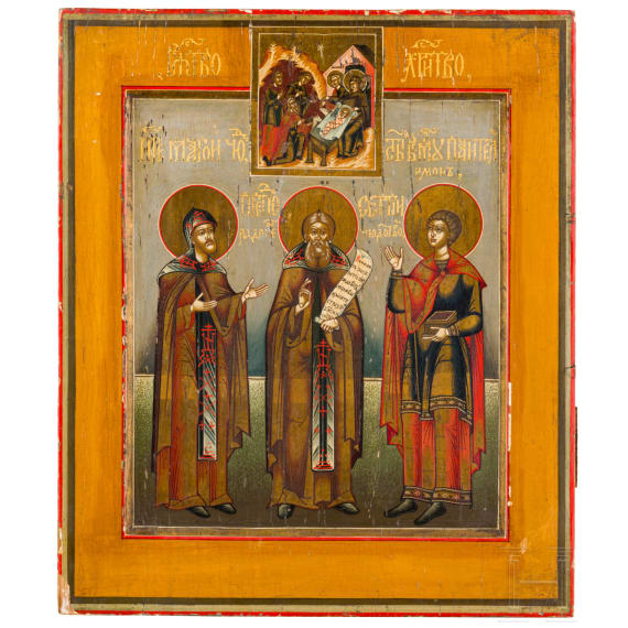 An icon showing Saints Maron, Sergei and Panteleimon and the nativity of Christ, Russia, 19th century.