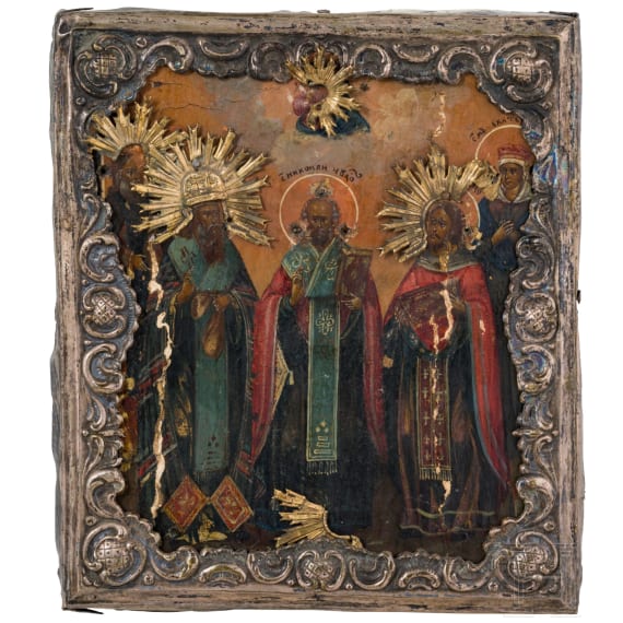 A small icon showing five Saints with basma, Russia, early 19th century