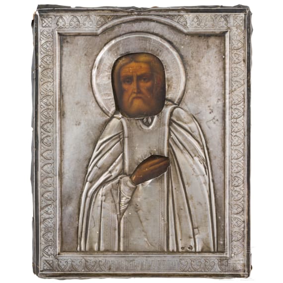 An icon showing Saint Seraphim of Sarov with silver oklad, Russia, after 1903 (icon), 1903-1908 (oklad)