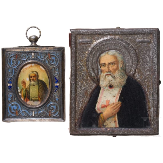 Two small icons showing Saint Seraphim of Sarov - one with cloisonn&eacute;-oklad, Russia, 1908-1917 /20th century