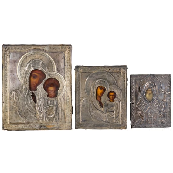 Three small icons with silver oklad: Mother of God of Kazan, 1896-1908 (two) / Saint Mitrophan of Voronezh, St. Peterburg, 1833