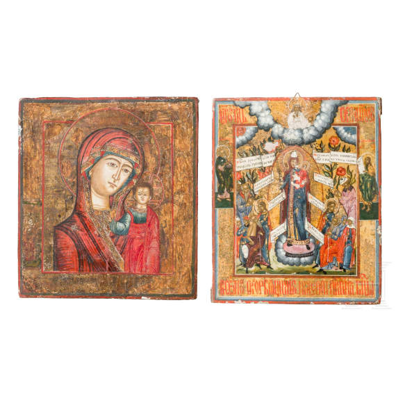 Two icons Kazanskaya Mother of God and Mother of God "joy to all who grieve", Russia, circa 1900
