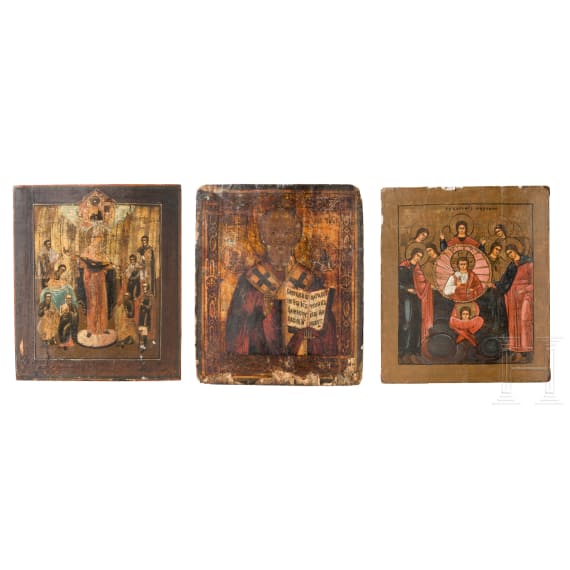 Three Russian icons: the Synaxis of the Archangels, Mother of God "joy to all who grieve" and Saint Nicholas of Myra, Russia, 19th century