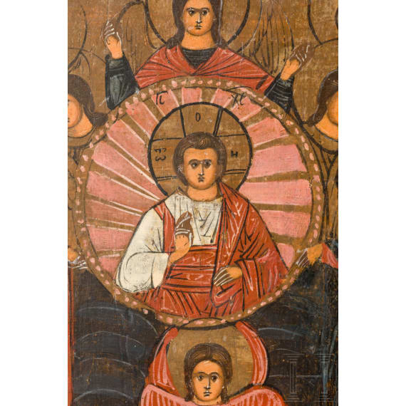 Three Russian icons: the Synaxis of the Archangels, Mother of God "joy to all who grieve" and Saint Nicholas of Myra, Russia, 19th century