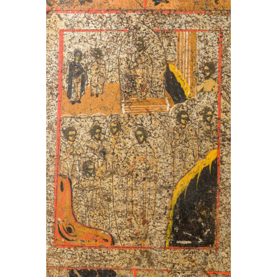 Two Russian icons: a feast icon and an icon with four Saints and Christ Pantokrator, late 19th century
