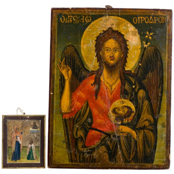 Two icons: a large icon showing Saint John the Baptist and a small icon showing the Appearance of Mother of God to the Venerable Sergey Radonezh, Greek/Russia, circa 1900