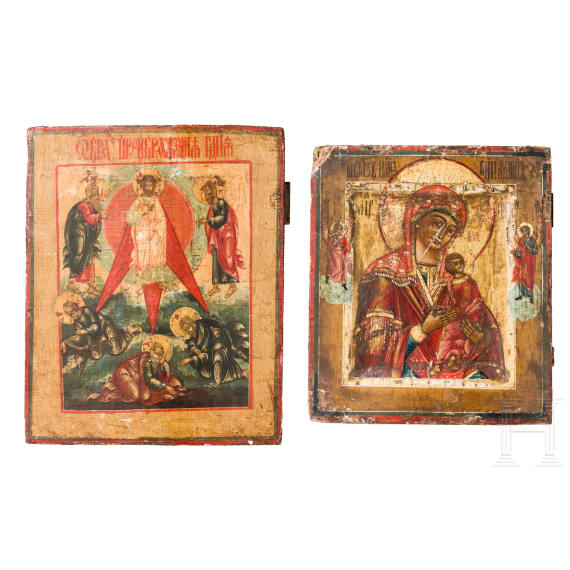 Two Russian icons: the Mother of God of Passion and the Transfiguration of Christ, 19th/20th century