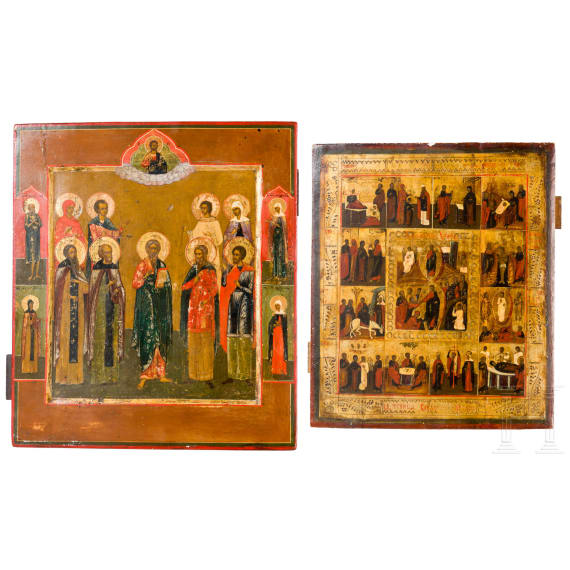 Two icons: icon showing nine Saints and a feast icon, Russia, 19th century / circa 1900