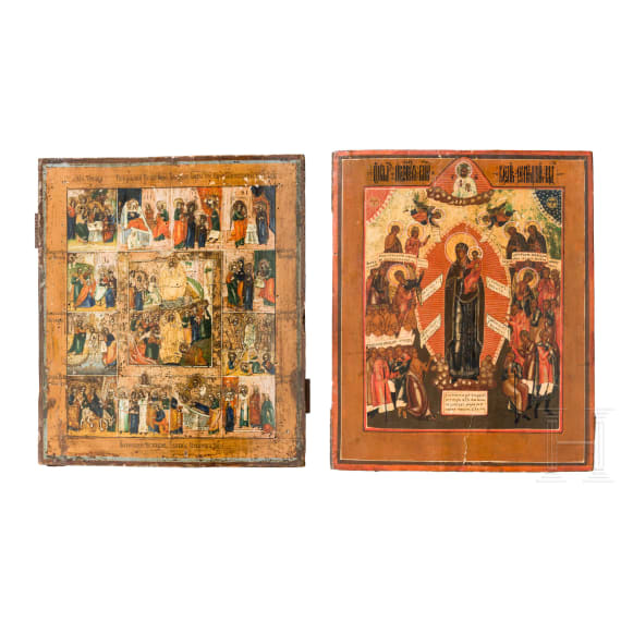 Two icons: a feast icon and the Mother of God "joy to all who grieve", Russia, 19th century