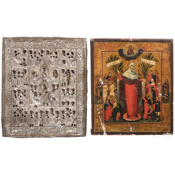 Two Russian icons showing the Mother of God "Joy to all who grieve" and a feast icon with oklad, late 19th century
