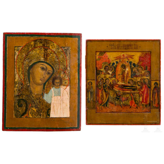 Two icons showing the Dormition of the Mother of God and the Kazanskaya Mother of God, Russia, first half of the 19th century