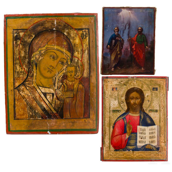 Three icons showing the Kazanskaya Mother of God, Christ Pantokrator and Saint Apostles Peter and Paul, Russia, late 19th century