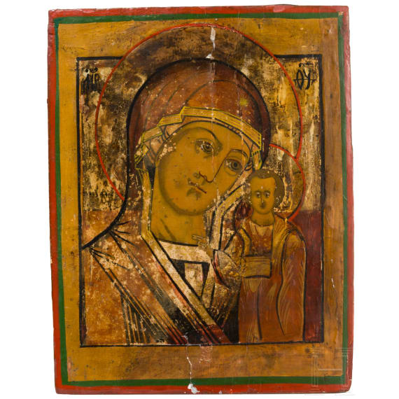 Three icons showing the Kazanskaya Mother of God, Christ Pantokrator and Saint Apostles Peter and Paul, Russia, late 19th century