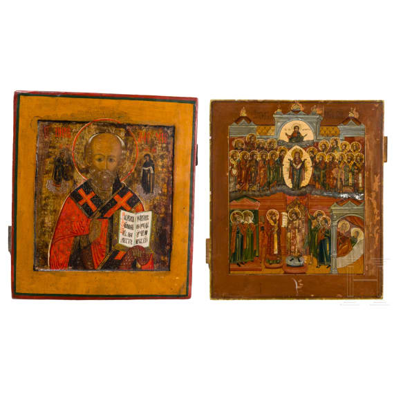 Two icons the Pokrov Mother of God and Saint Nicholas of Myra, Russia, 19th century
