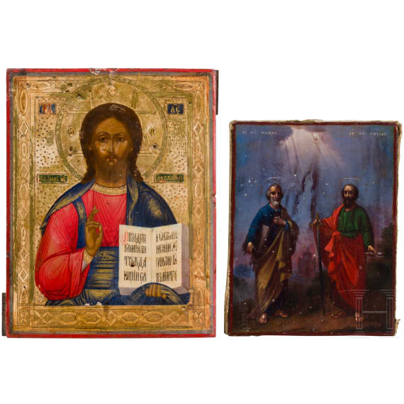 Three icons showing the Kazanskaya Mother of God, Christ Pantokrator and Saint Apostles Peter and Paul, Russia, late 19th century