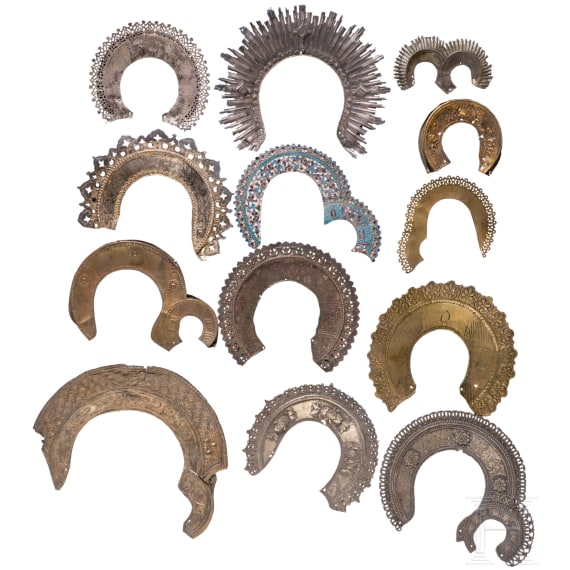 13 halos: 1 silver and cloisonn&eacute;-enamel, 3 silver, 9 brass, Russia, 19th/early 20th century