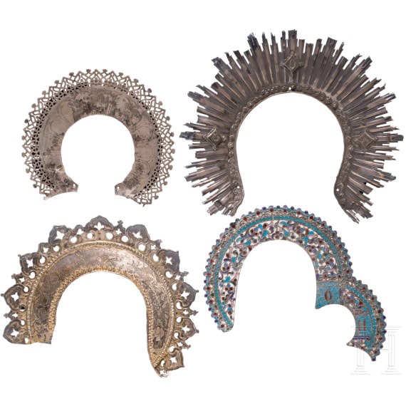 13 halos: 1 silver and cloisonn&eacute;-enamel, 3 silver, 9 brass, Russia, 19th/early 20th century