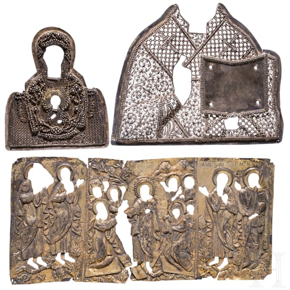Three silver oklad fragments: Silver filigree fragment of a Saint, Silver filigree fragment of the Mother of God of the Sign and silver-gilt fragment of feast icon, Russia, 19th century