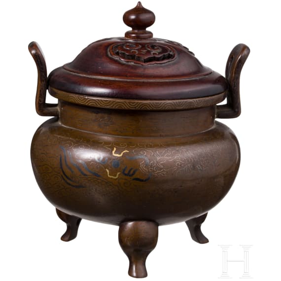 Bronzener Weihrauchbrenner (Ding) mit feinen Gold- und Silbereinlagen, China, 17./18. Jh.