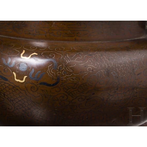 Bronzener Weihrauchbrenner (Ding) mit feinen Gold- und Silbereinlagen, China, 17./18. Jh.