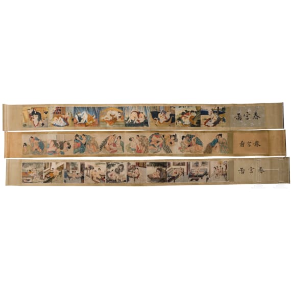 Drei Shunga-Rollen und erotischer Keramikk&uuml;rbis, China, Anfang 20. Jhdt.