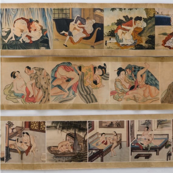 Drei Shunga-Rollen und erotischer Keramikk&uuml;rbis, China, Anfang 20. Jhdt.