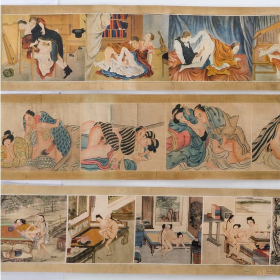 Drei Shunga-Rollen und erotischer Keramikk&uuml;rbis, China, Anfang 20. Jhdt.