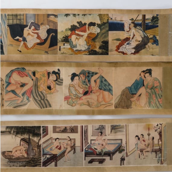 Drei Shunga-Rollen und erotischer Keramikk&uuml;rbis, China, Anfang 20. Jhdt.