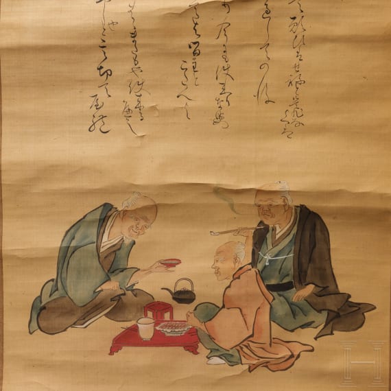 Rollbild mit Darstellung dreier alter M&auml;nner, Japan, Taisho-Zeit, 1912 - 1926