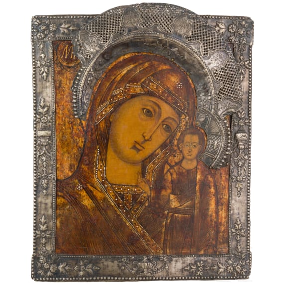 Ikone mit der Gottesmutter von Kasan &bdquo;Kasanskaja" mit Basma, Russland, 19. Jhdt.