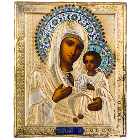 Ikone mit der Gottesmutter Iwerskaja mit Vermeil-Oklad mit Cloisonn&eacute;-Email-Nimben, Russland, Ende 19. Jhdt. (Ikone), Moskau, 1908-1917 (Oklad)